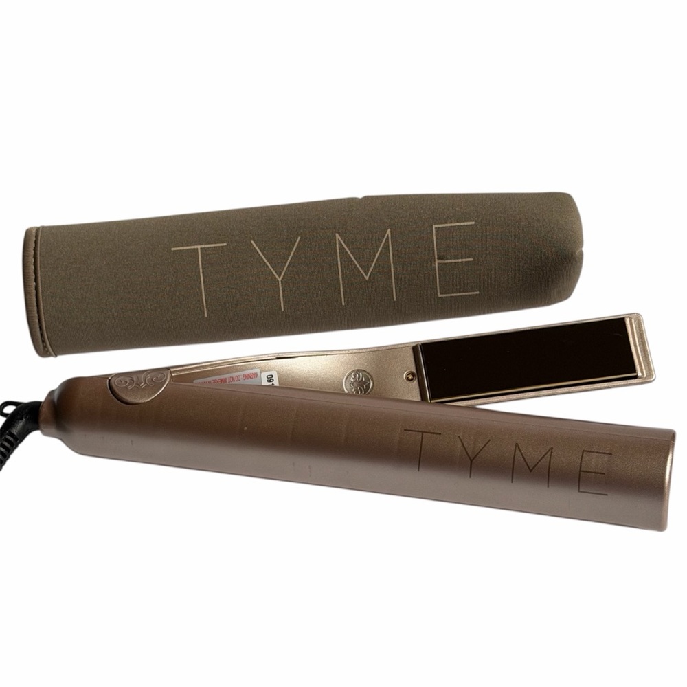 Tyme Original straightening and curling Iron in metallic gold with heat sleeve